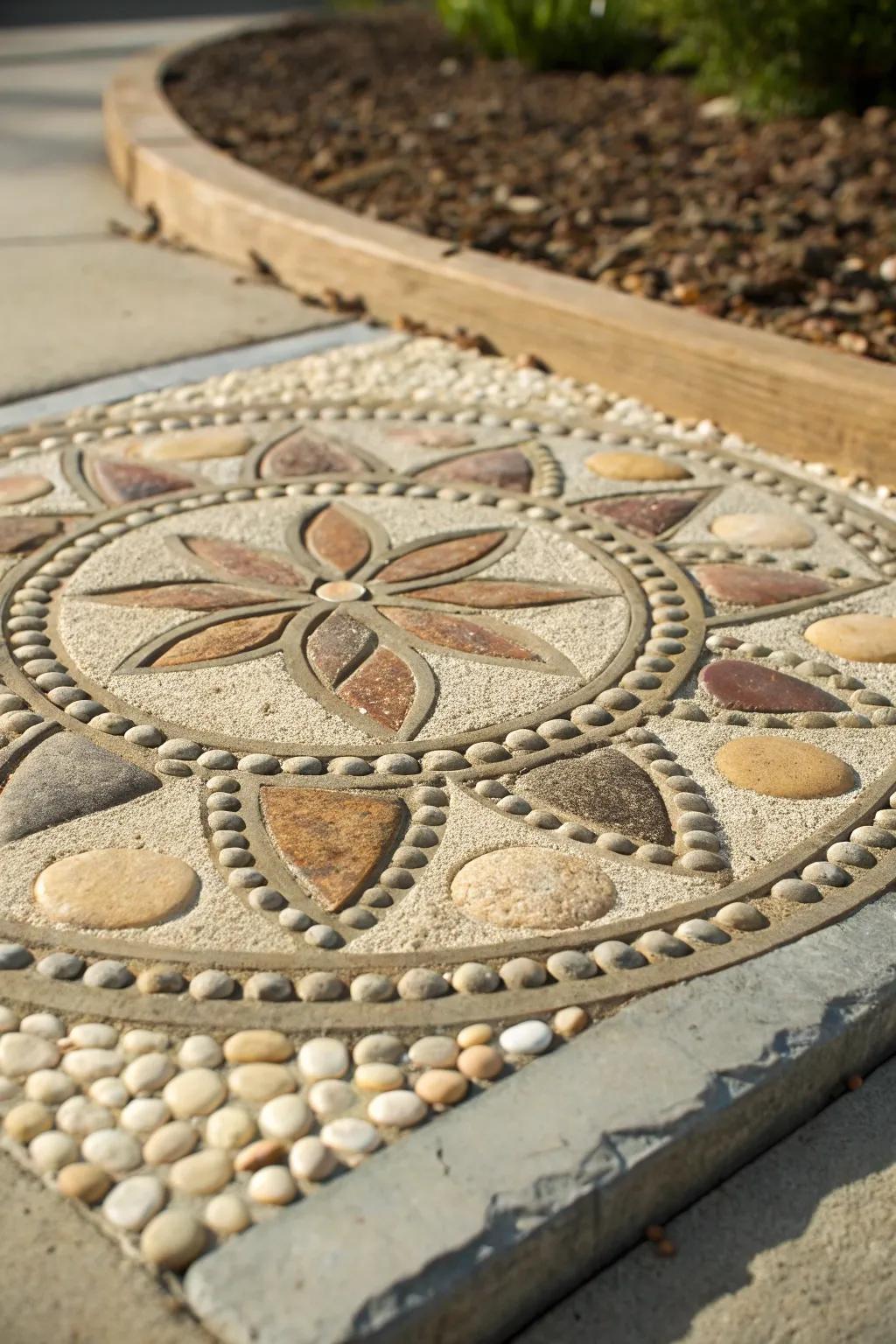 Elevate your garden path with the timeless elegance of a handcrafted pebble mosaic stepping stone.