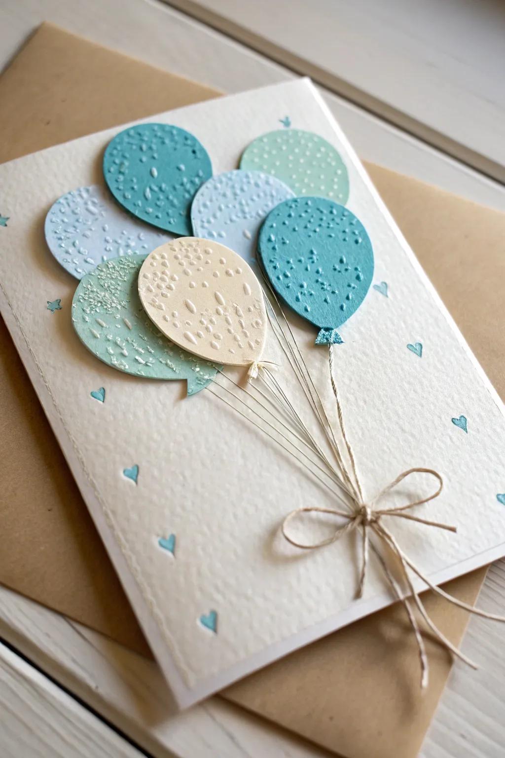 Celebrate with whimsy and charm: a handmade baby boy card with a delicate balloon bunch.