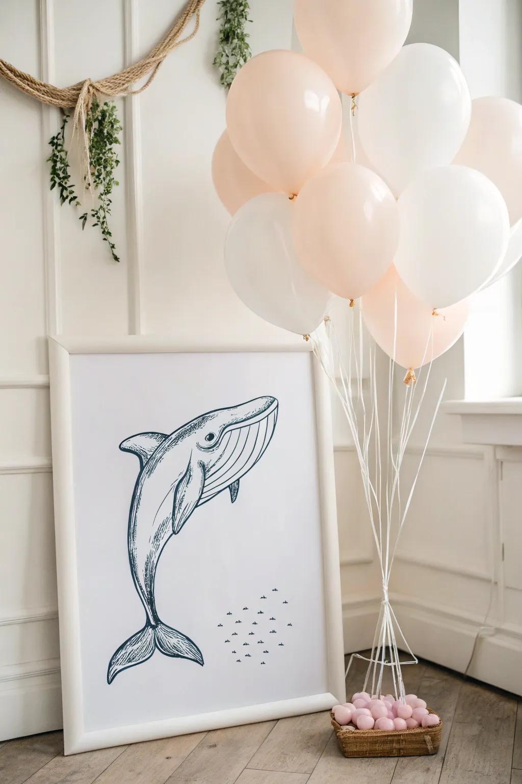 Whimsical Elegance: A Playful Whale Soars with Balloons
