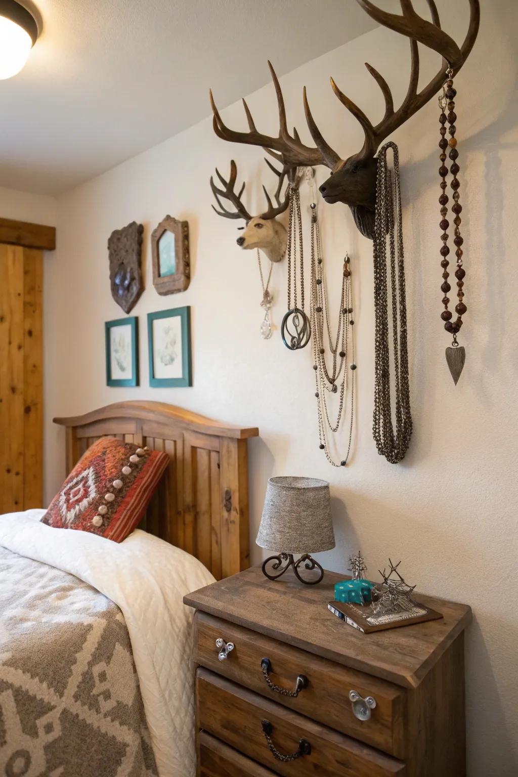Organize your jewelry with deer antler holders.