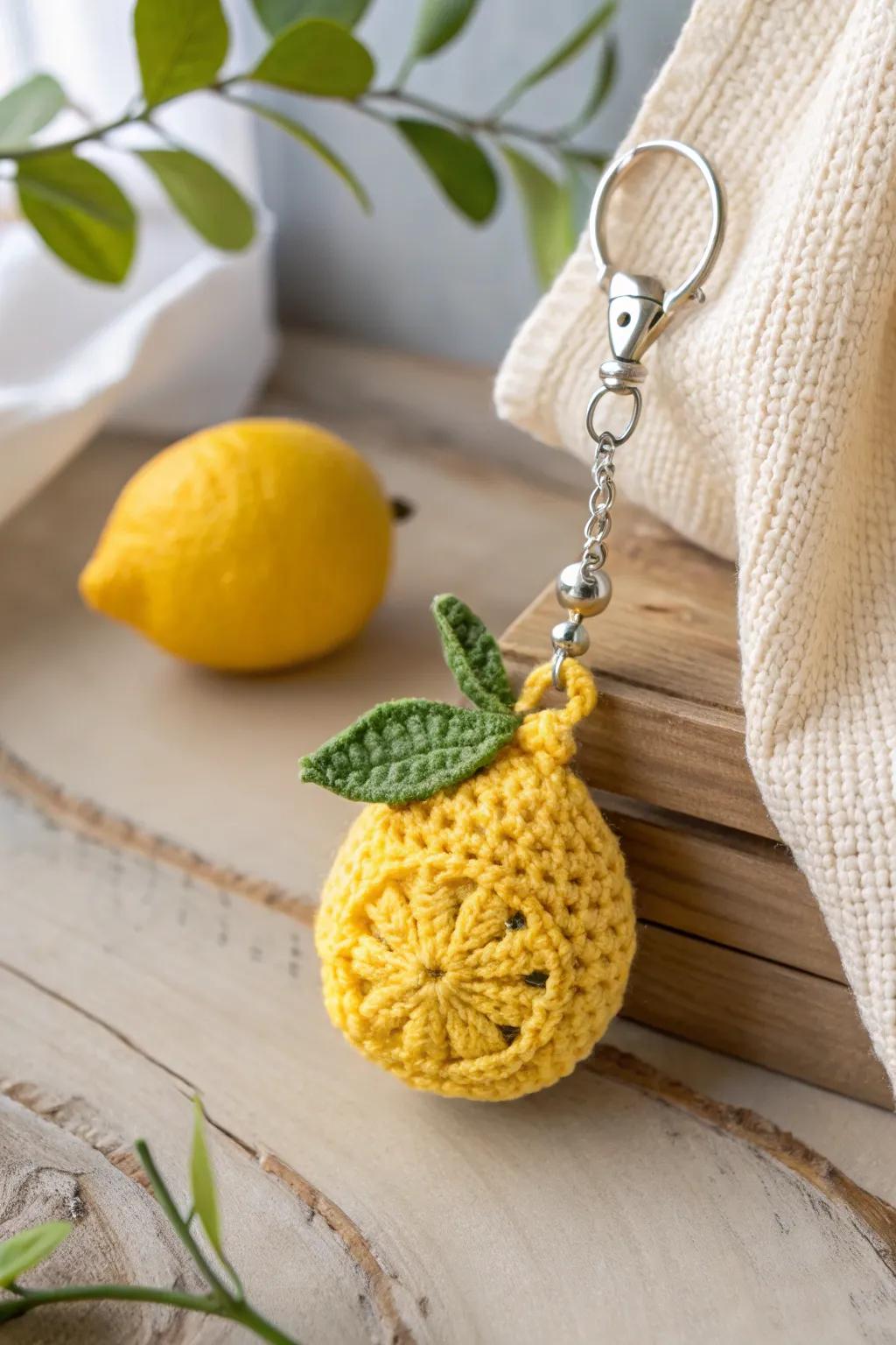 Add a zest of charm to your keys with this vibrant crochet lemon keychain.