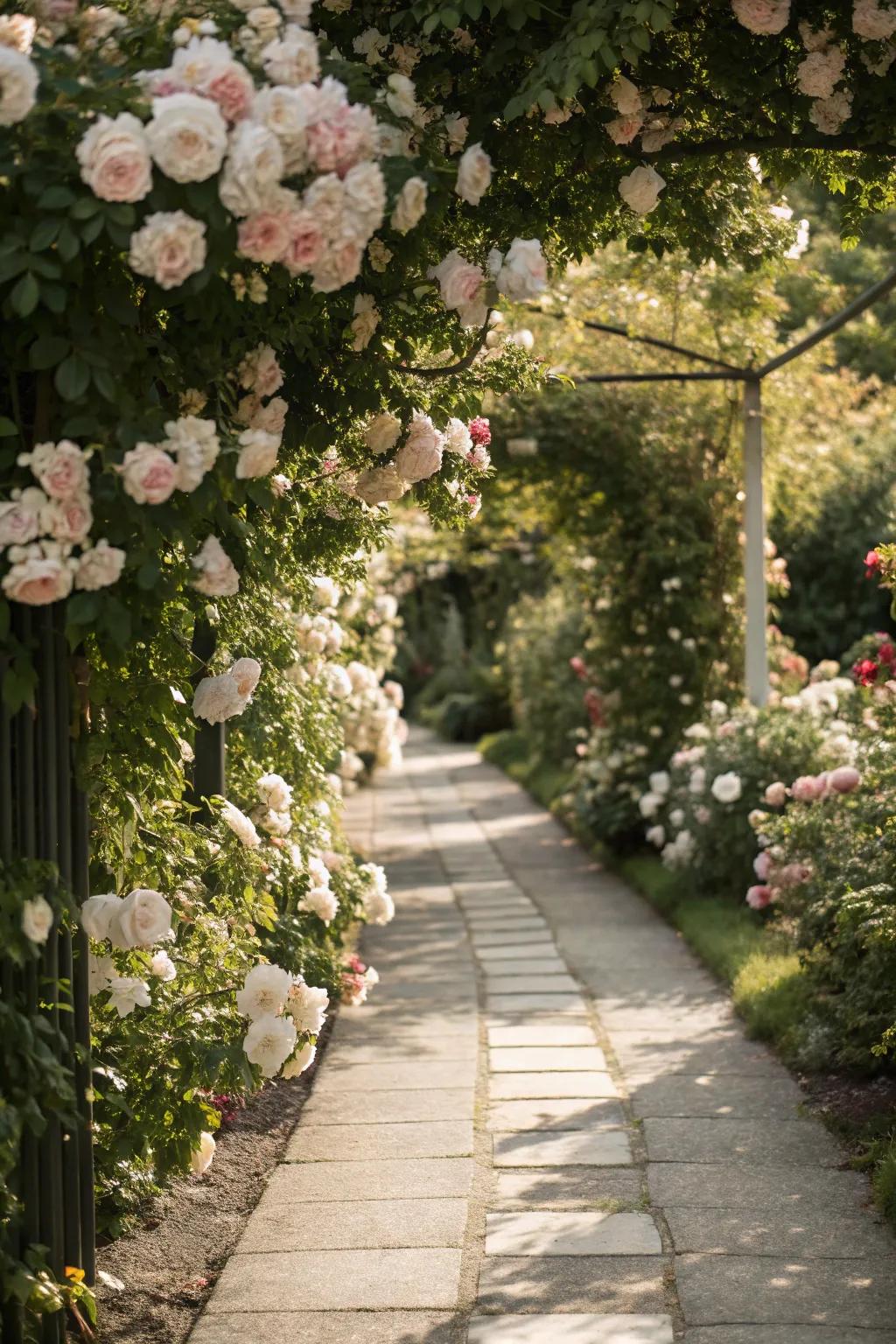 Transform your garden stroll into a romantic journey with pathways lined with enchanting roses.