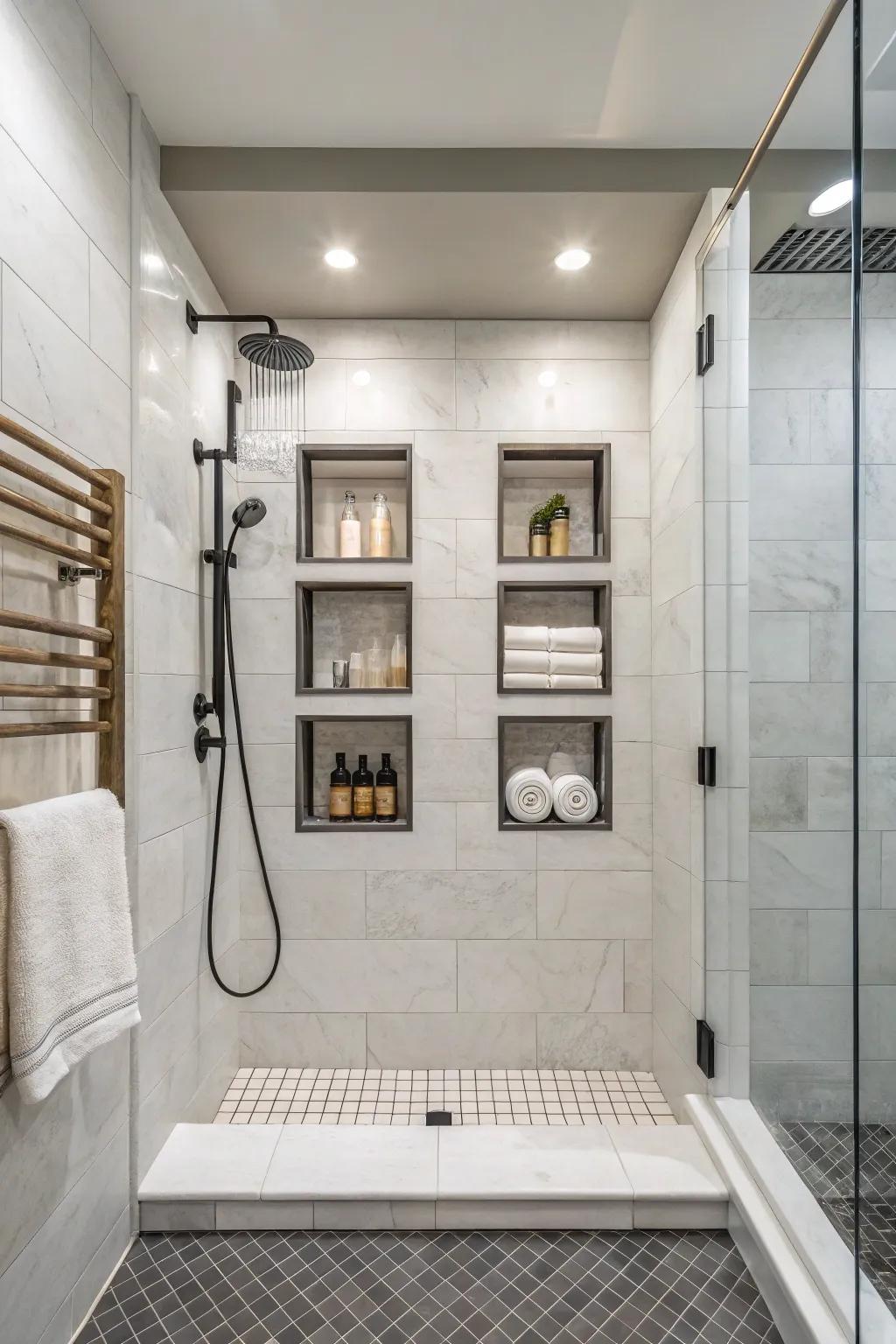 His-and-hers niches keep the shower organized and personalized.