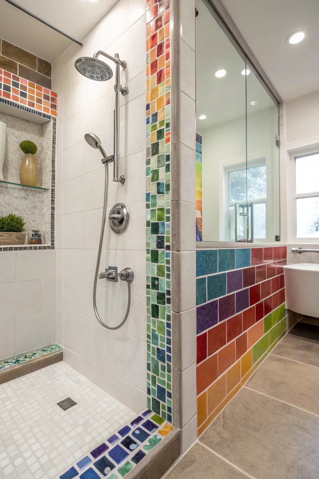 Eco-friendly shower with recycled glass tile edge trims