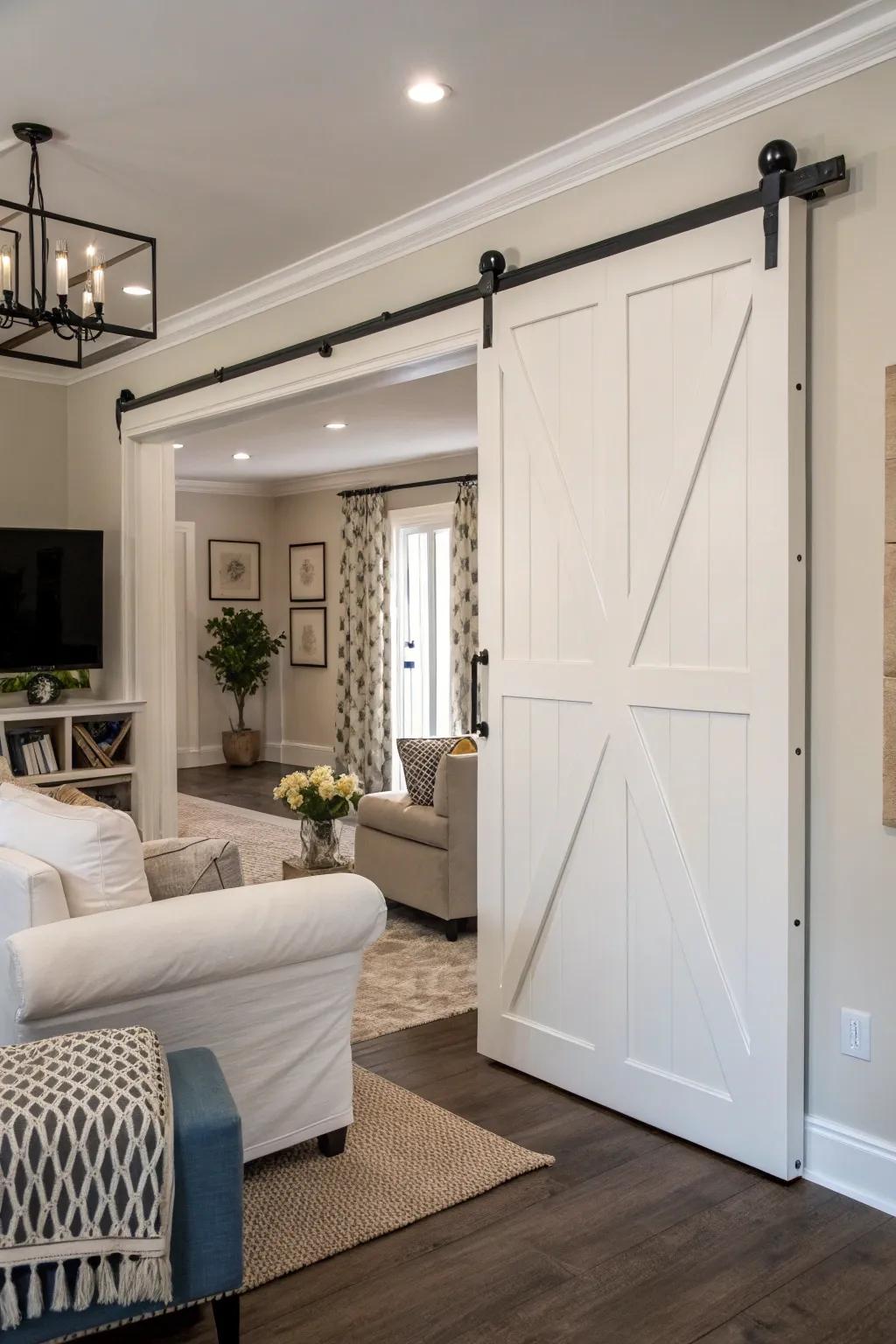 Classic white barn doors offer timeless elegance.