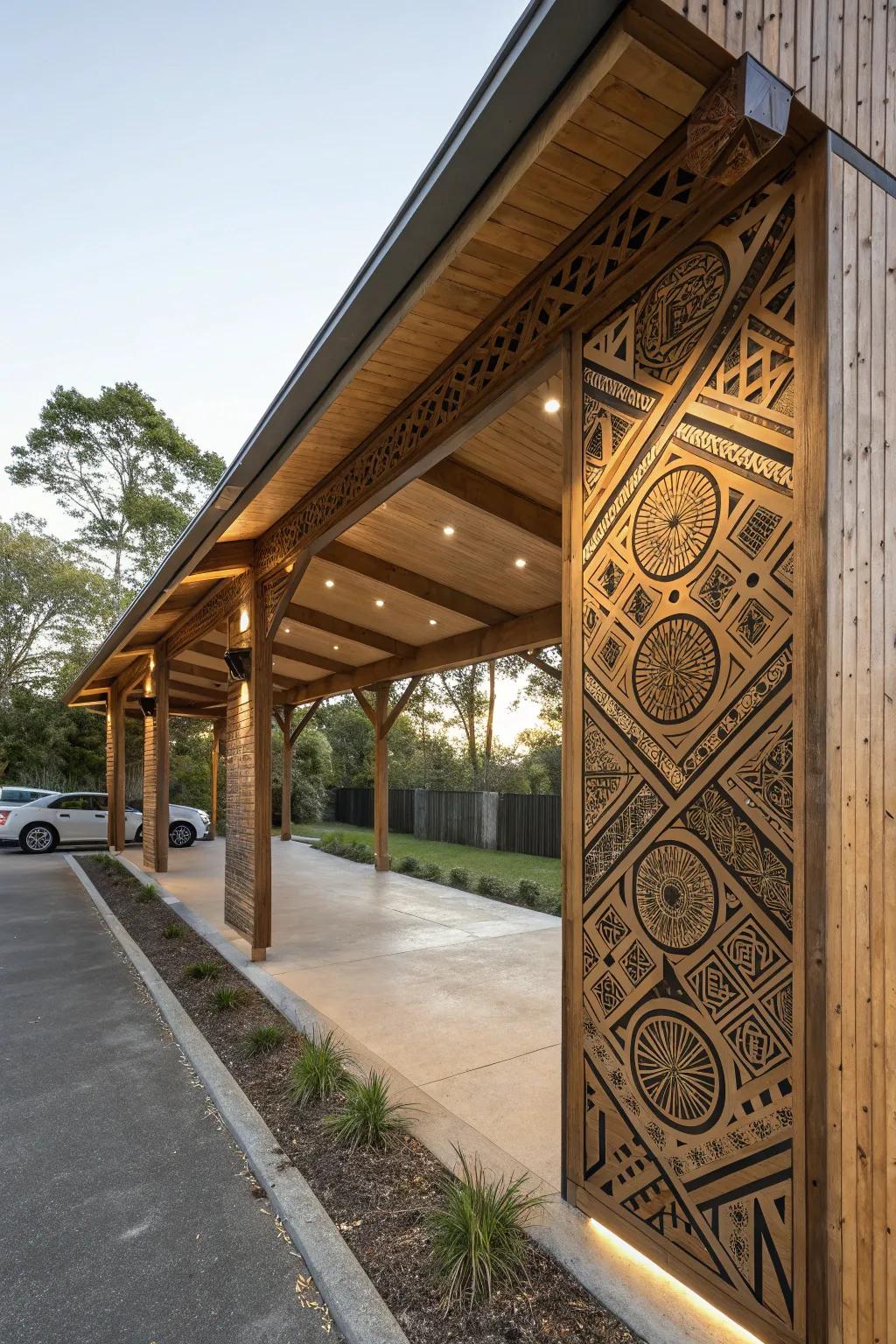 An artistic approach with geometric patterns in wood carport design.