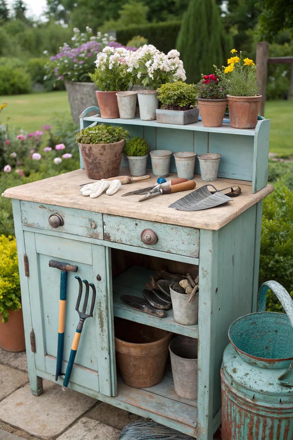 A vintage cabinet turned into a practical potting station.