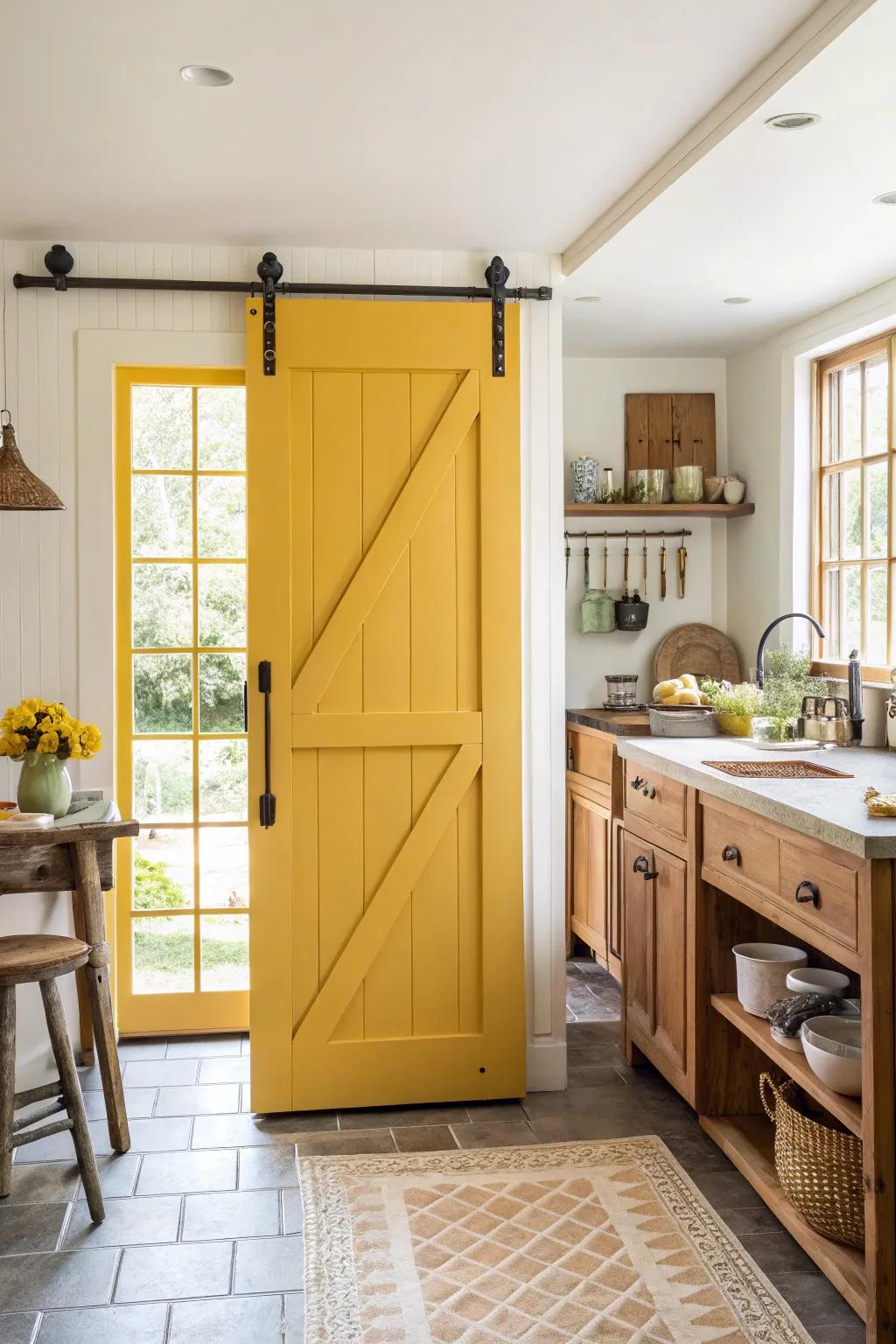 Sunny yellow barn doors brighten and cheer up spaces.
