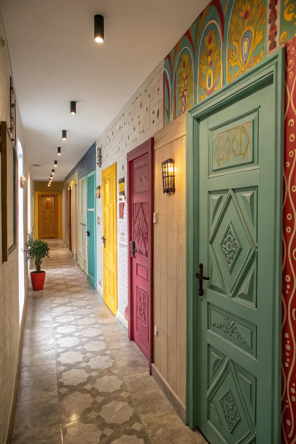 Eclectic door styles can create a vibrant and artistic hallway.