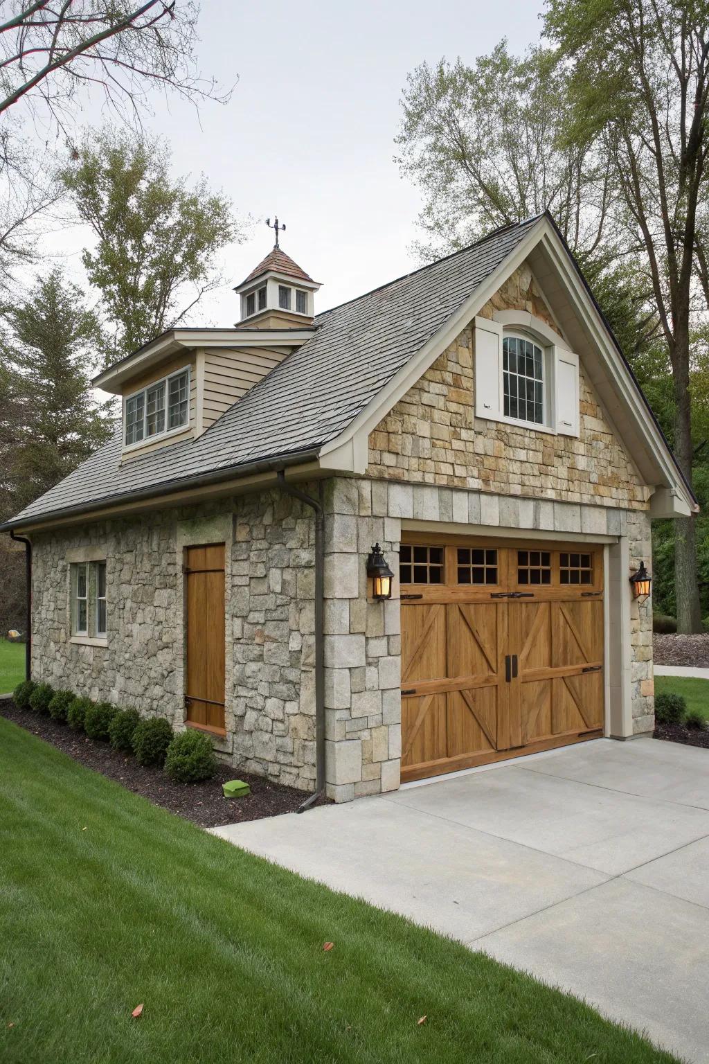 Stone wainscoting adds texture and elegance to a garage.