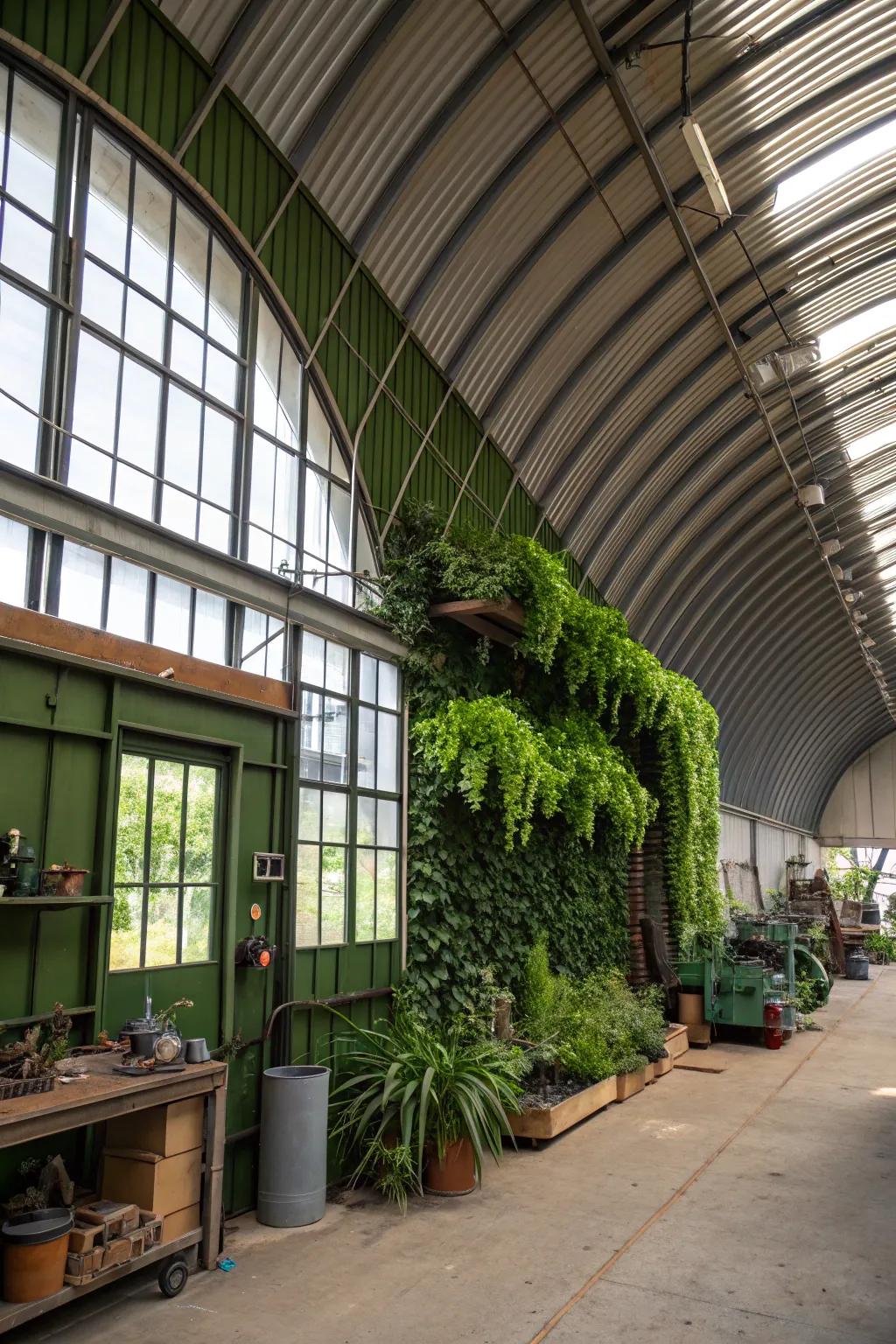A green oasis inside a Quonset hut, combining functionality with nature.