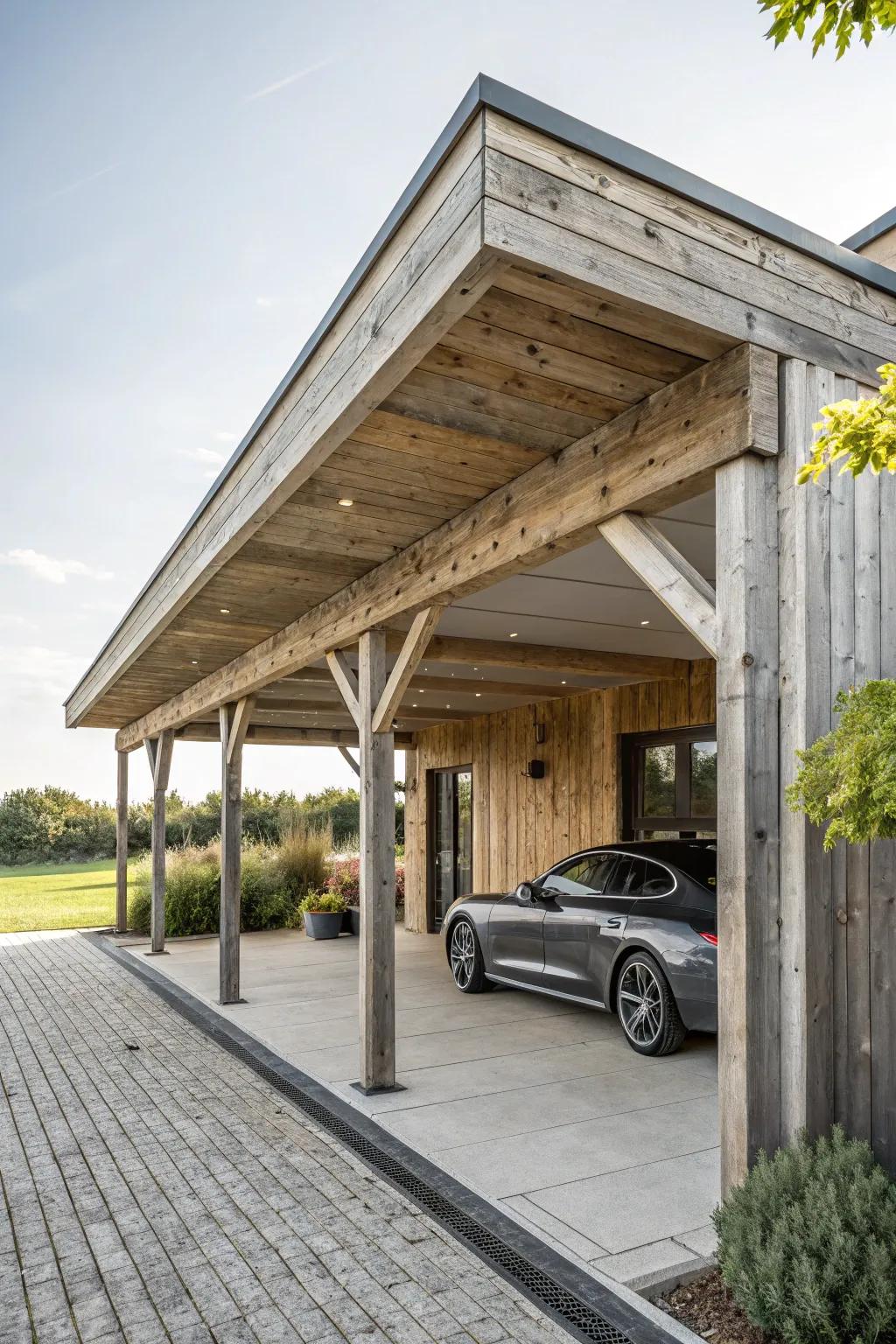 Timeless character with a weathered wood aesthetic in carport design.