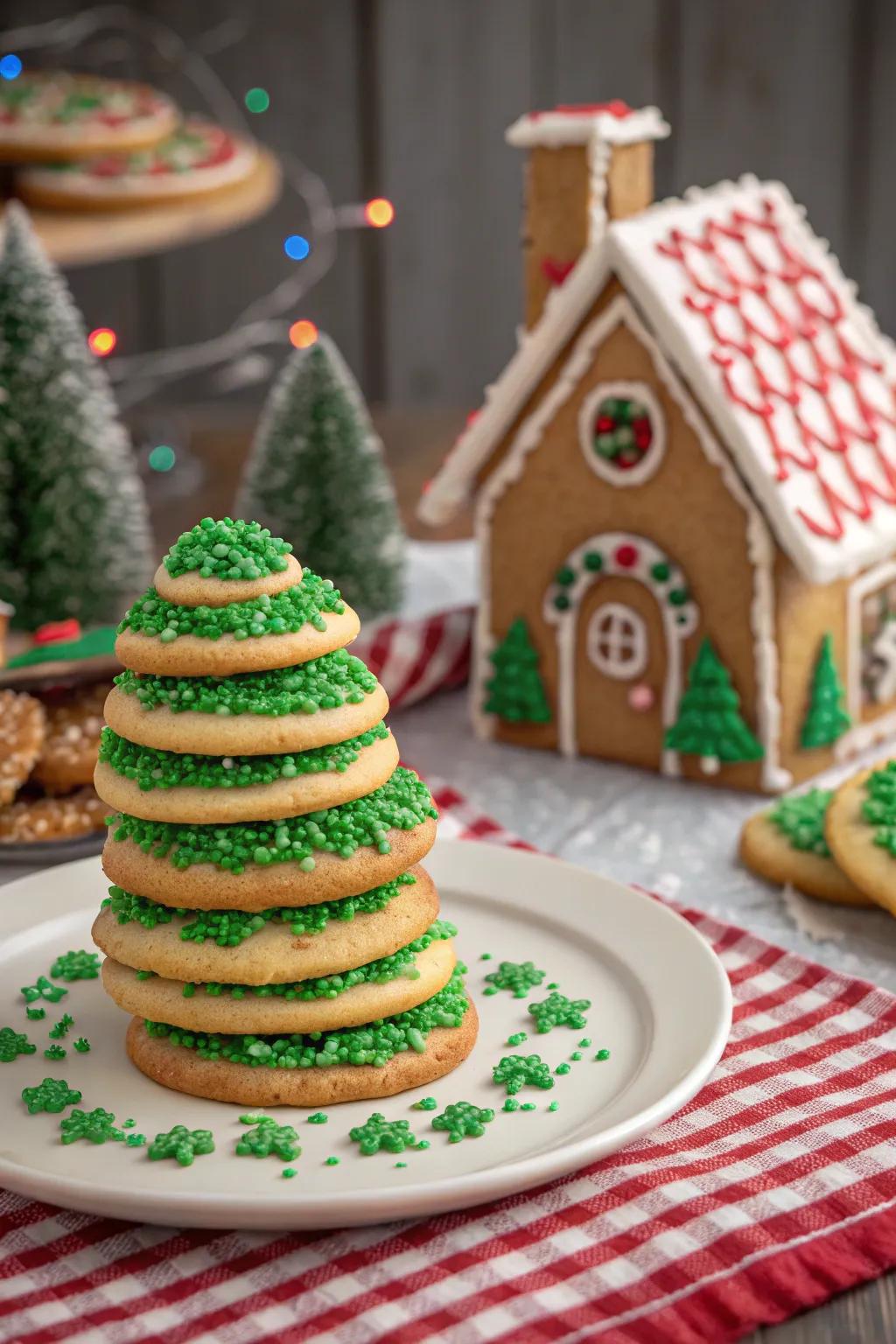 Charming stacked cookie Christmas trees, adding a festive touch to your gingerbread scene.