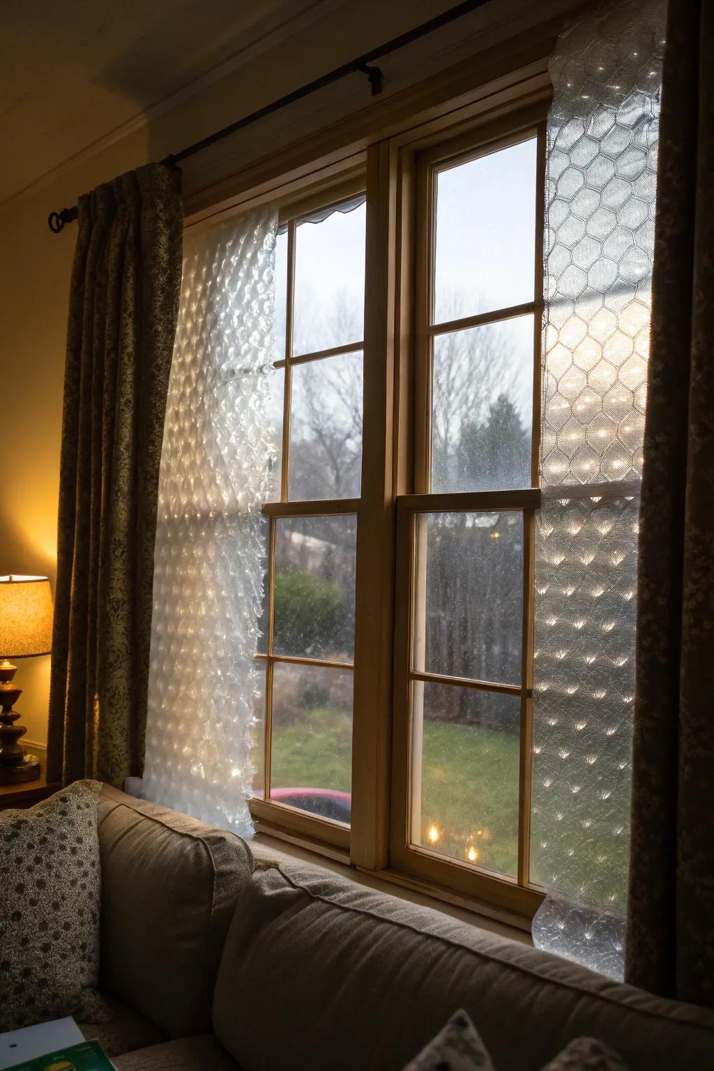Using bubble wrap to insulate windows efficiently.