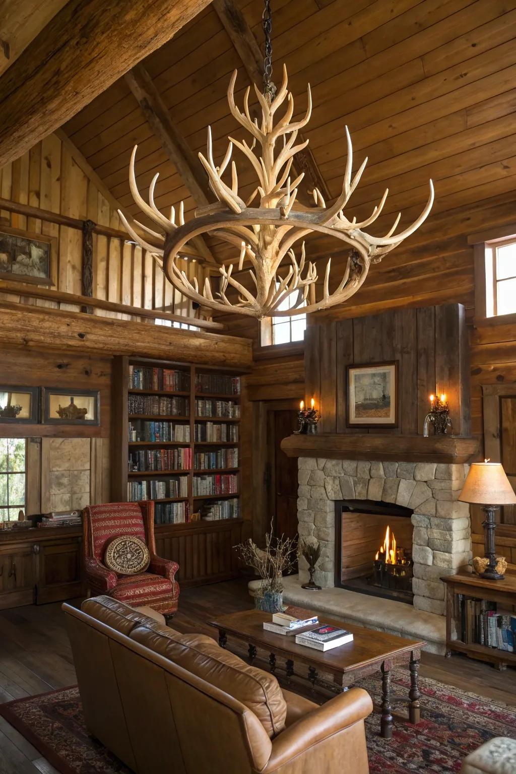 Illuminate your space with a rustic deer antler chandelier.