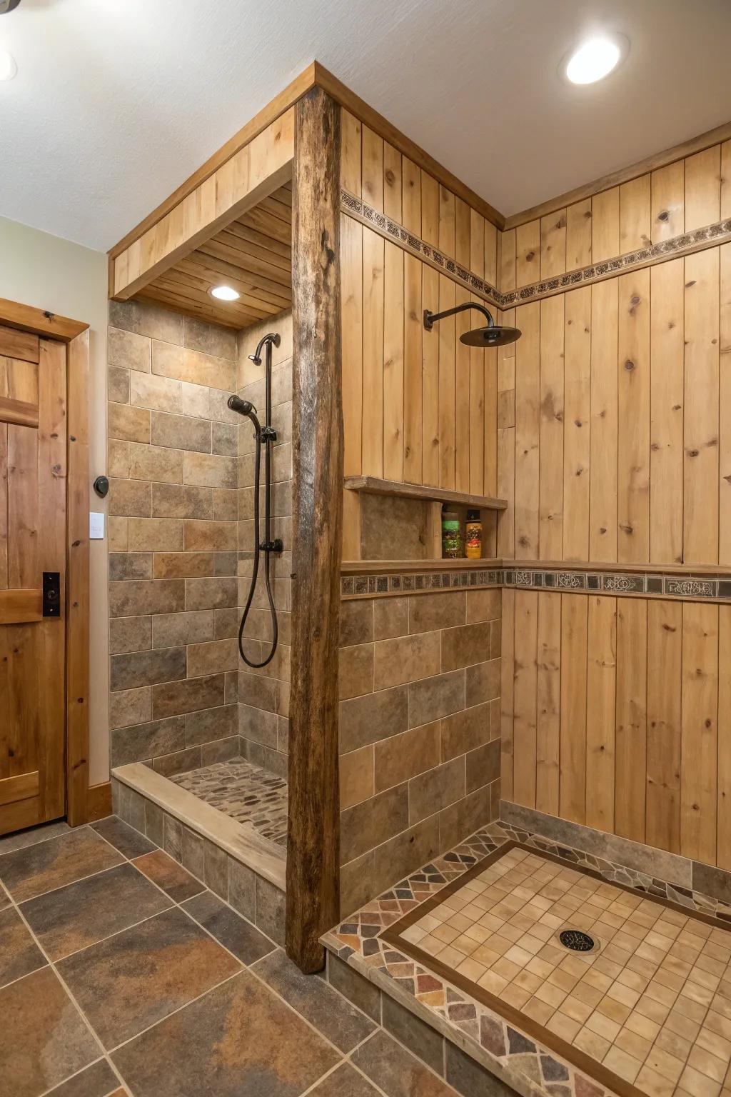 Shower with rustic wooden tile edge trims