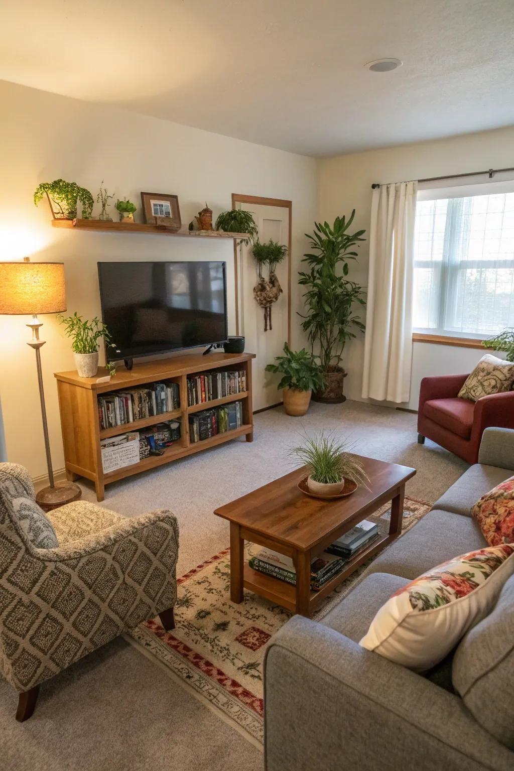 A separate TV area keeps the main space focused on conversation.