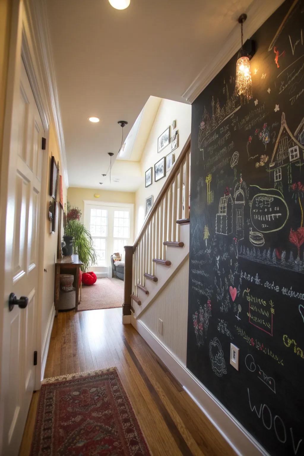 A chalkboard wall adds a personal and interactive element to the hallway.