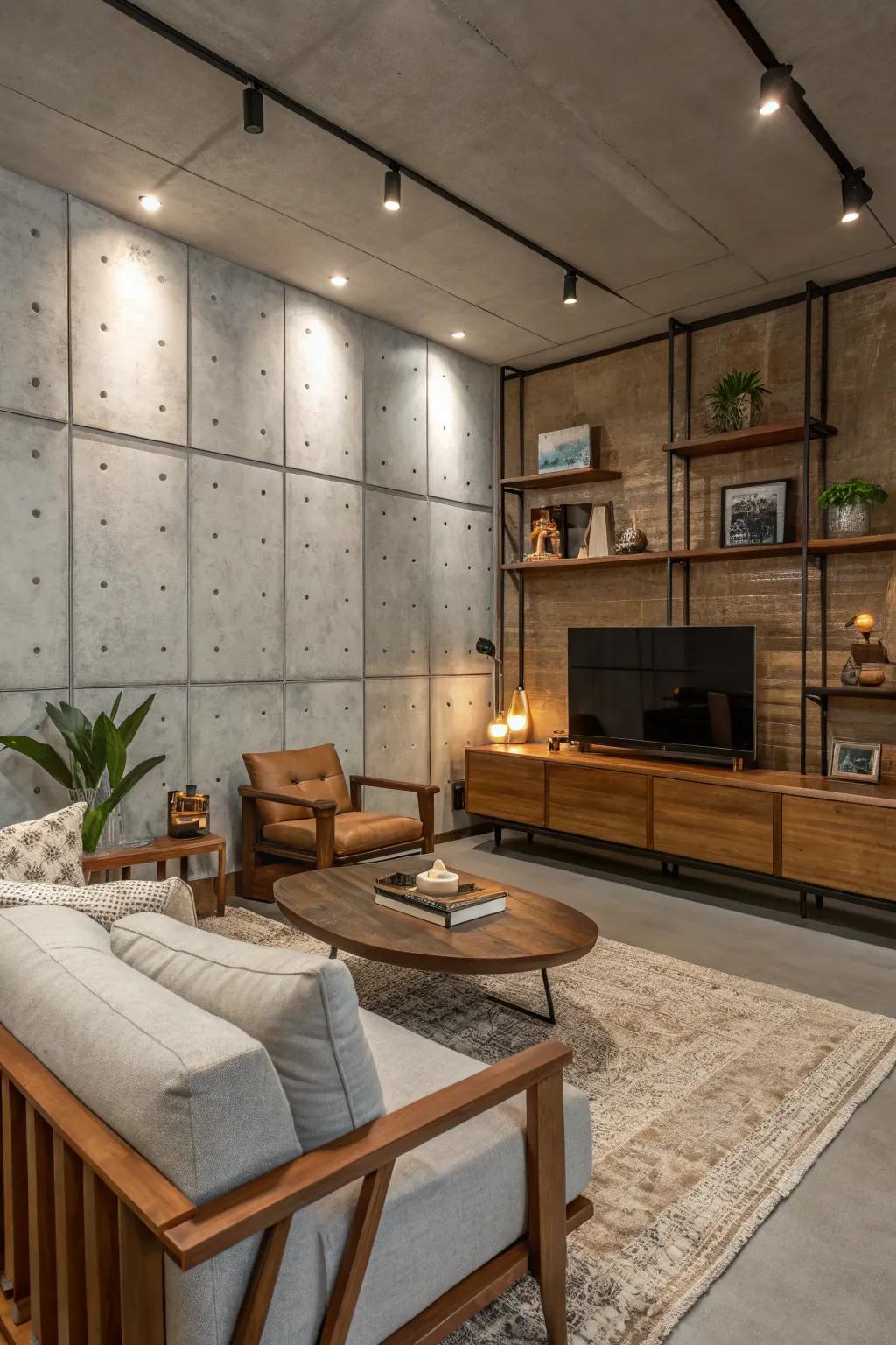 Concrete-effect panels lend an industrial vibe to this chic living room.