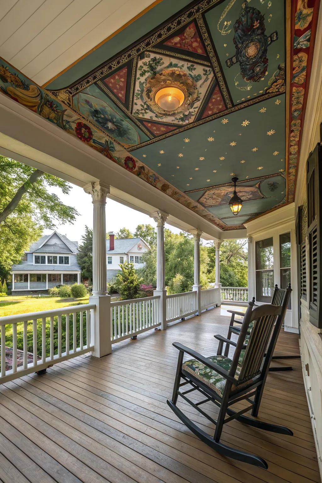 A creatively designed ceiling adding flair to a large front porch.