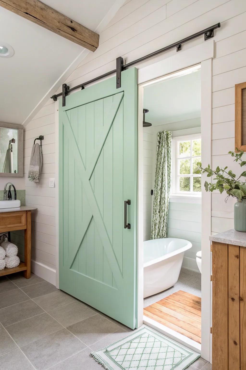 Mint green barn doors offer a fresh, soothing vibe.