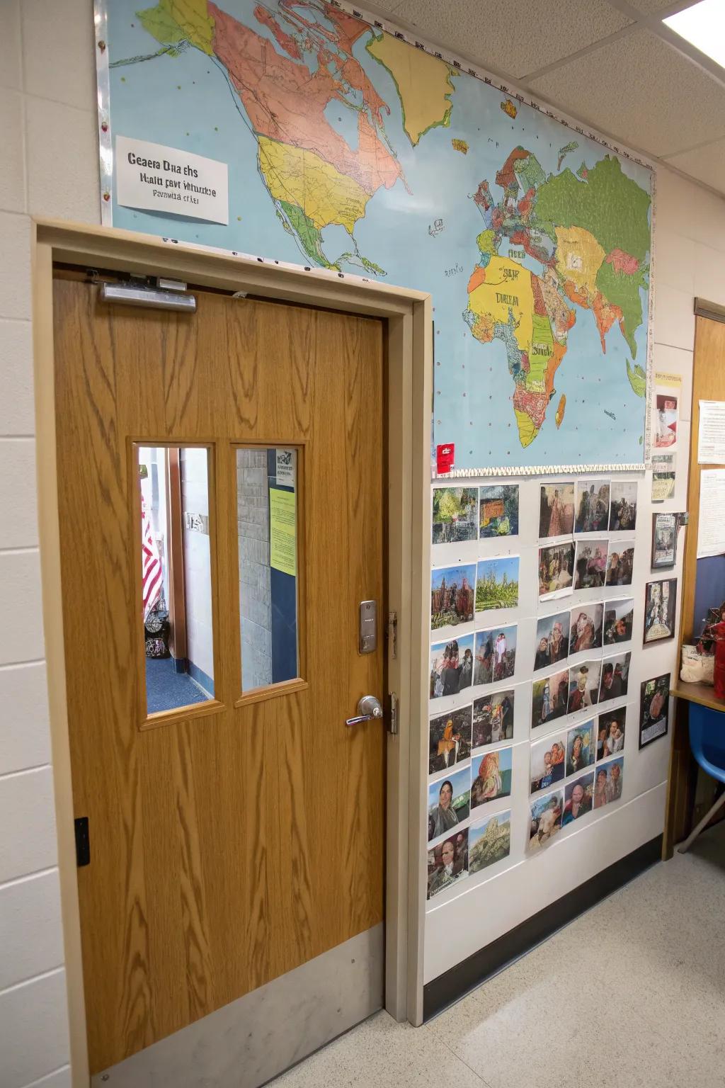 A world map-themed door showing how teachers open the world to students