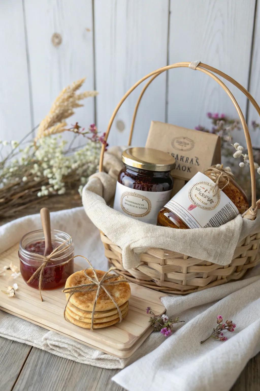 Weekend Baking Bliss: A charming gift basket of homemade jams and pancake mix, perfect for cozy mornings.