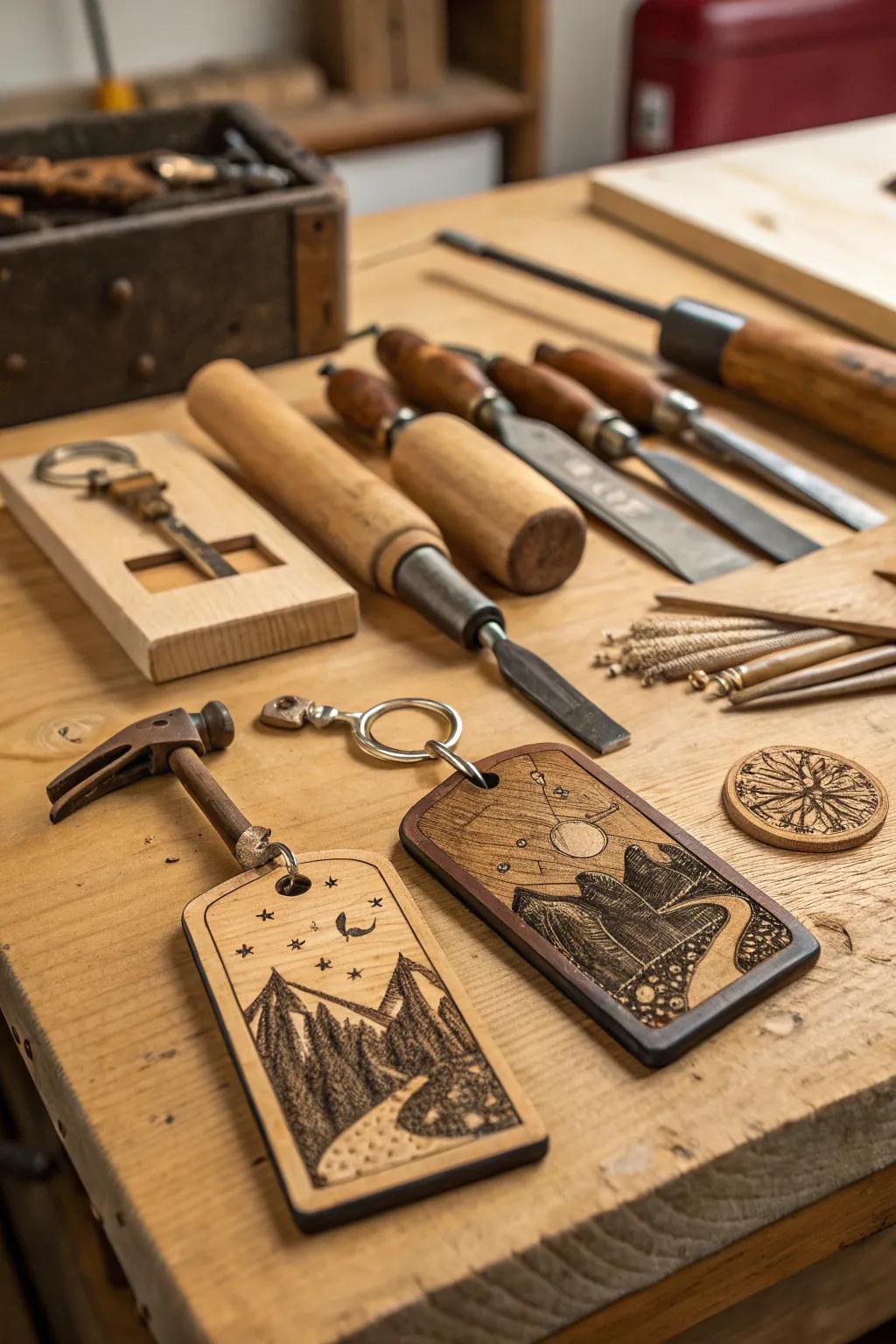 Rustic charm with personalized wood burned keychains.