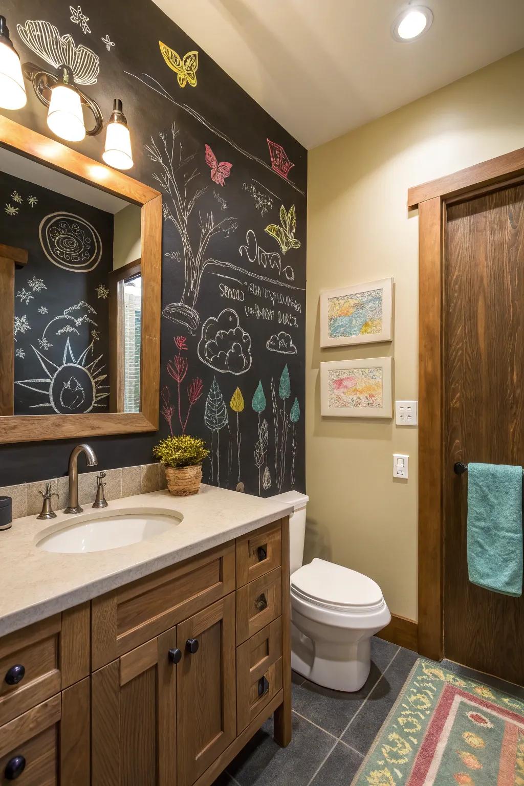 A chalkboard wall adds a creative touch to the bathroom.