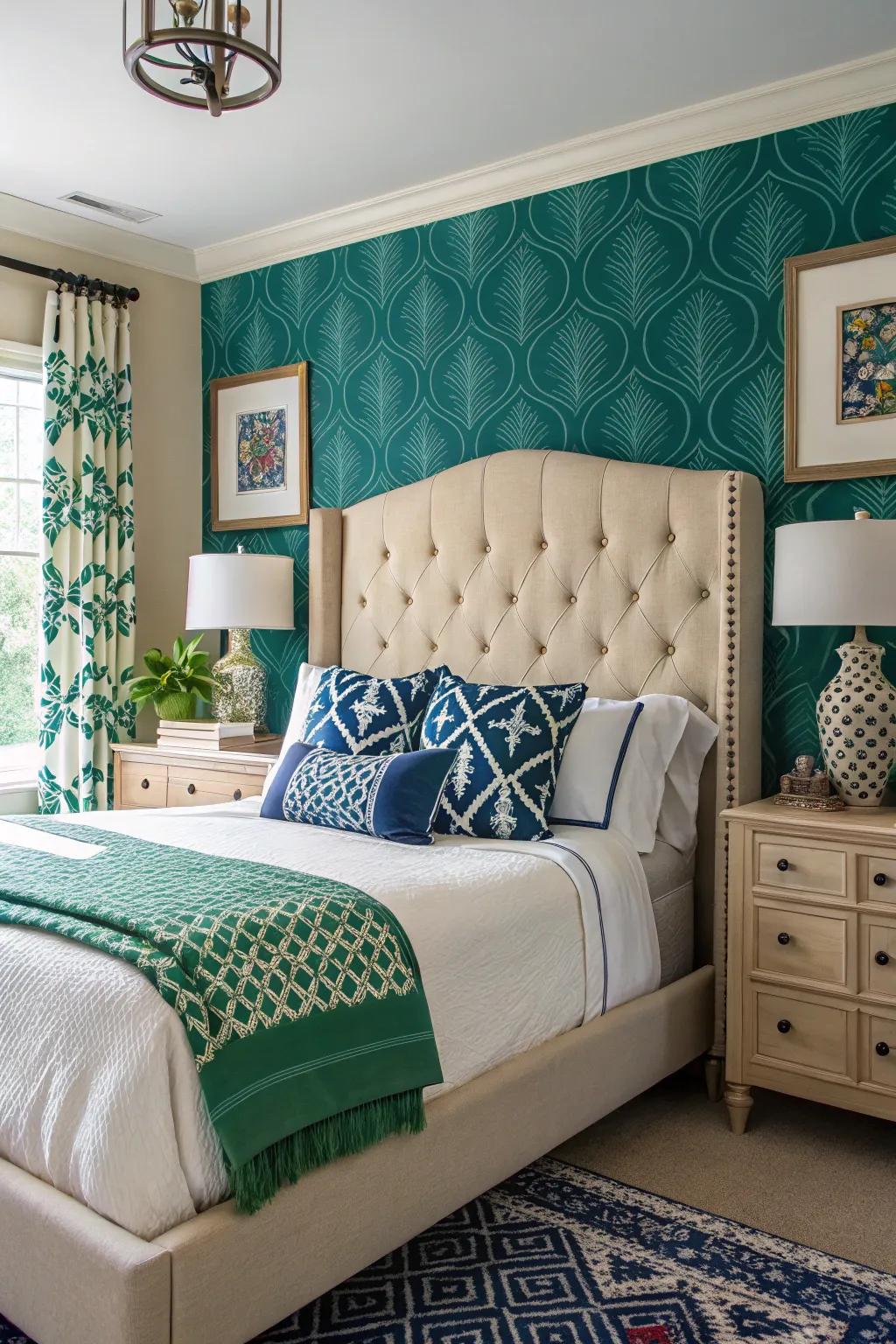 Bold contrasts with navy or emerald bring out the best in this beige headboard.