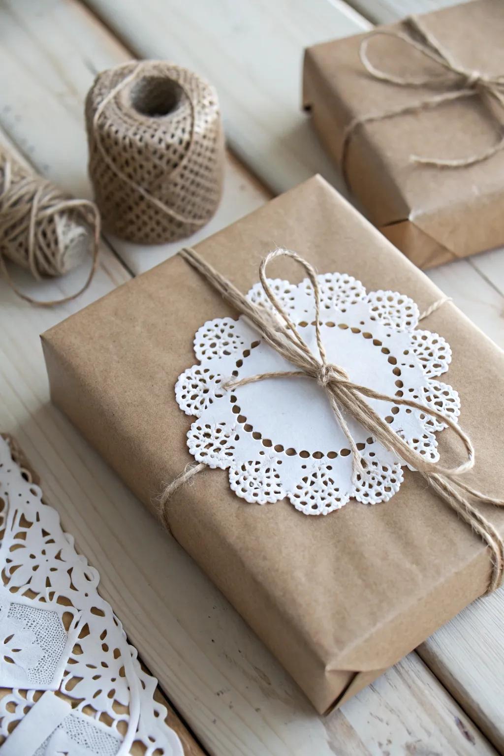 Elevate your gift wrapping with a touch of vintage charm using delicate doilies.