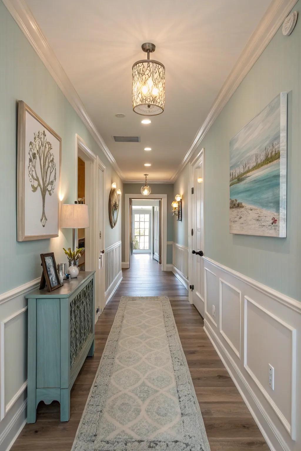 A cohesive color scheme ties the hallway seamlessly with the rest of the home.