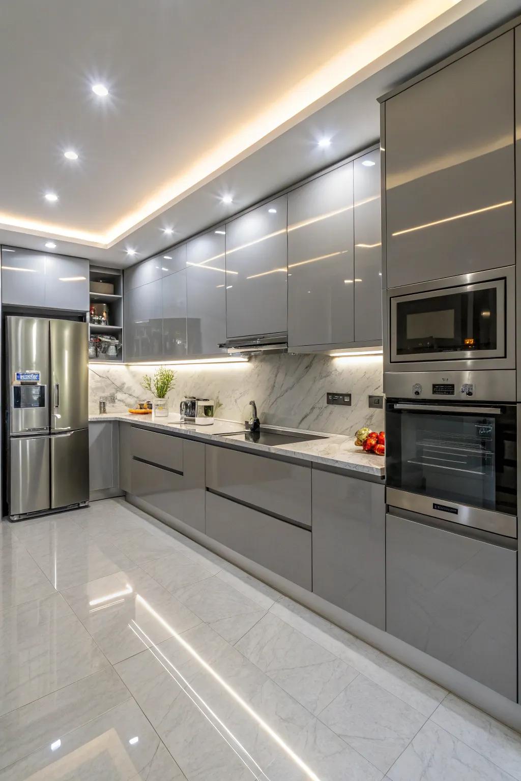 Enhance modern appeal with glossy grey cabinets.