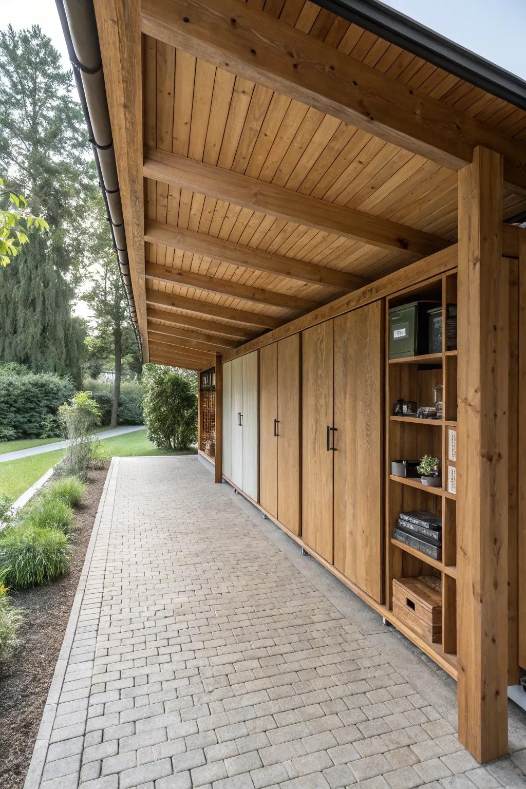 Functional elegance with integrated storage in a wood carport.