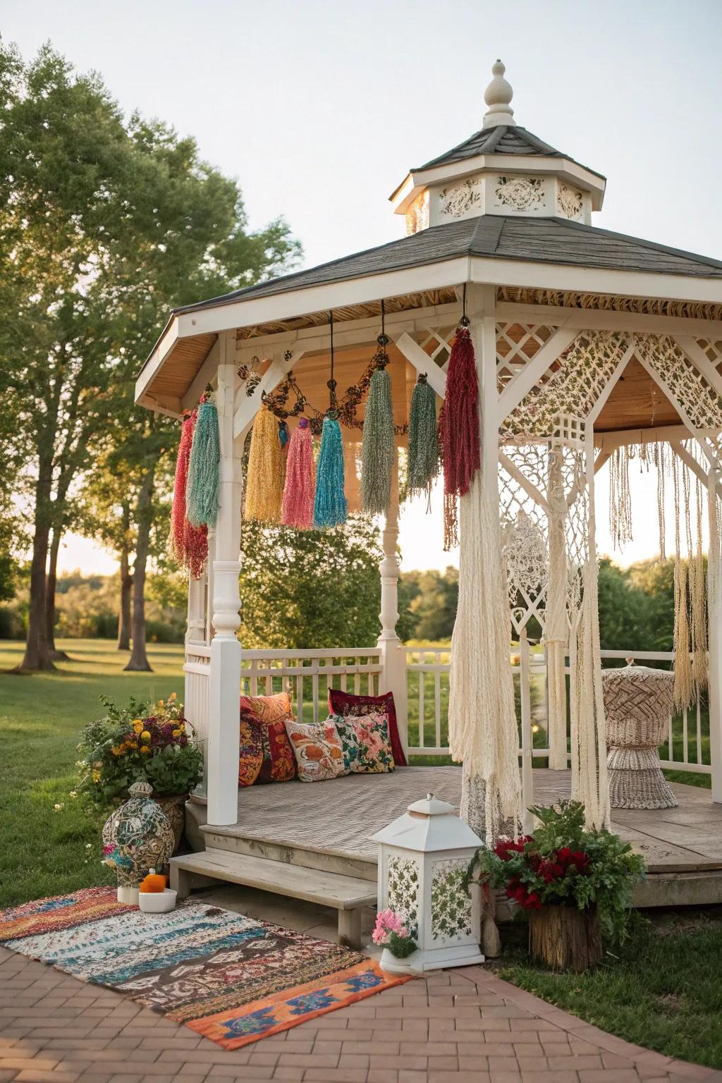 Bohemian decor adds a whimsical touch to this gazebo.