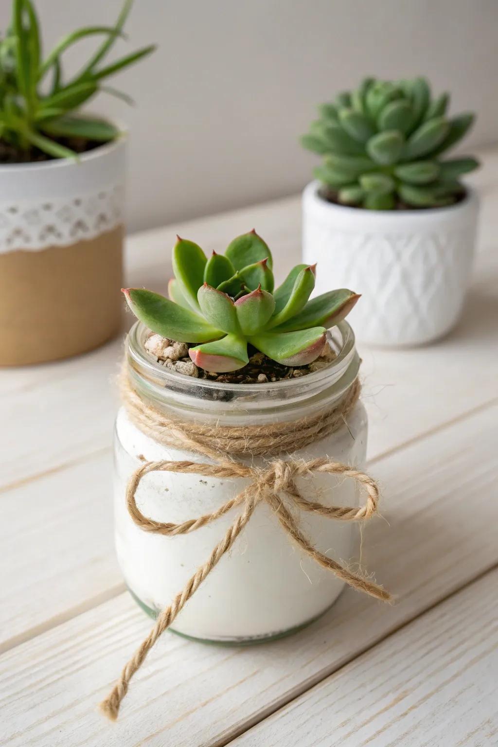 Charming and sustainable: Mini succulent planters in mason jars make the perfect party favor!