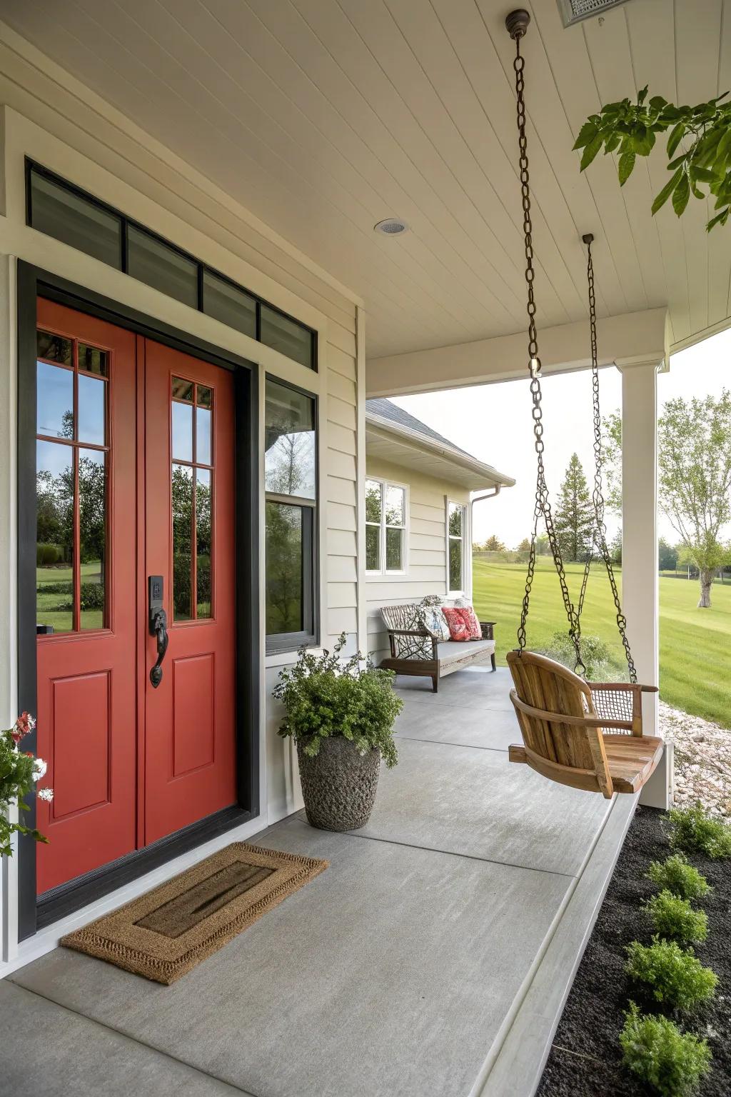 A vibrant front door making a statement on a large front porch.