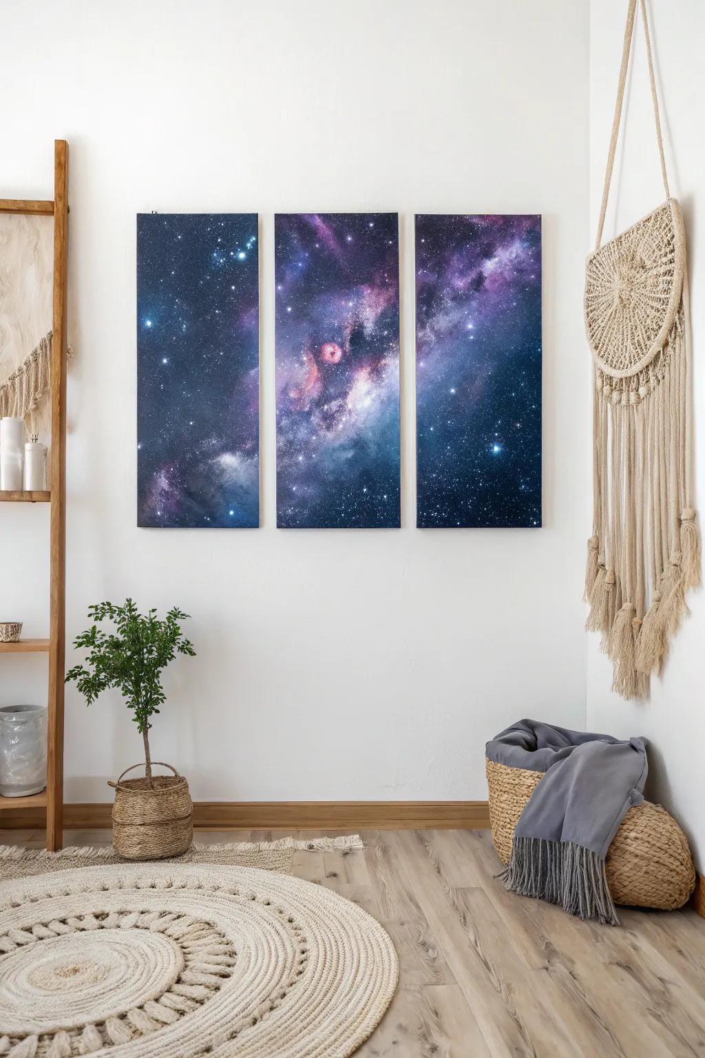 Embark on a cosmic journey with this stunning galaxy triptych, where each canvas unveils a deeper universe. #ScandinavianBoho #MinimalistArt