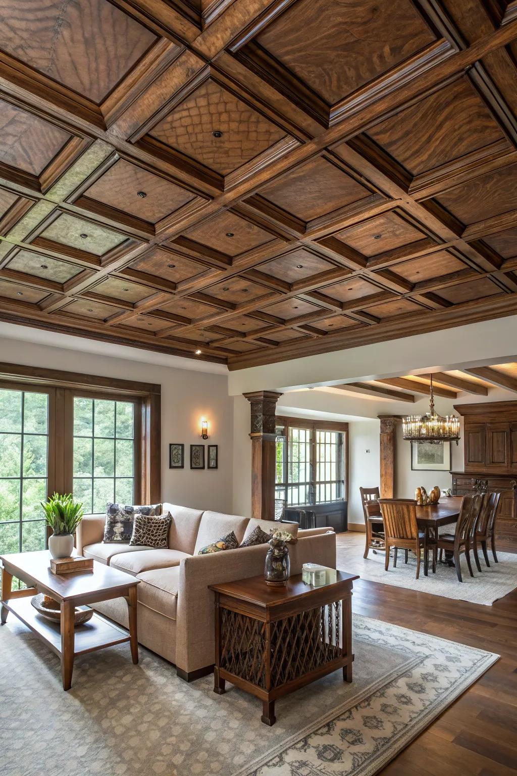 Coffered ceilings define spaces in open-plan homes.