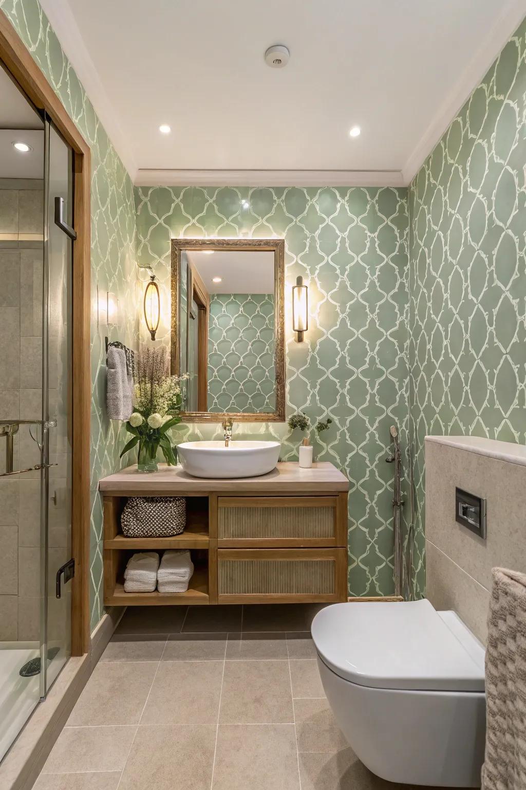 Sage green wallpaper adds stylish depth to bathroom walls.