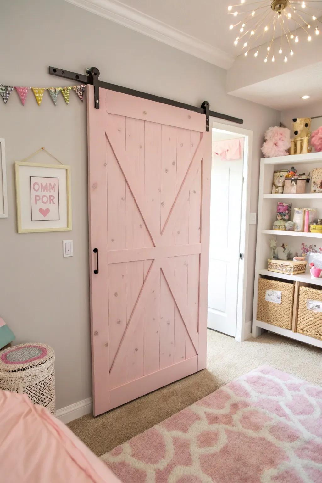 Pastel pink barn doors bring a whimsical charm.