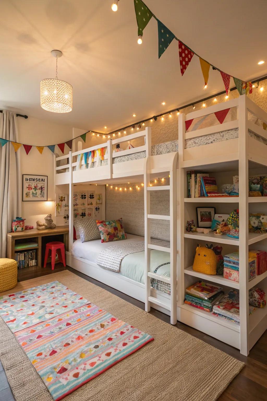 An under-bed play area turns quad bunk beds into a playful and imaginative space for kids.