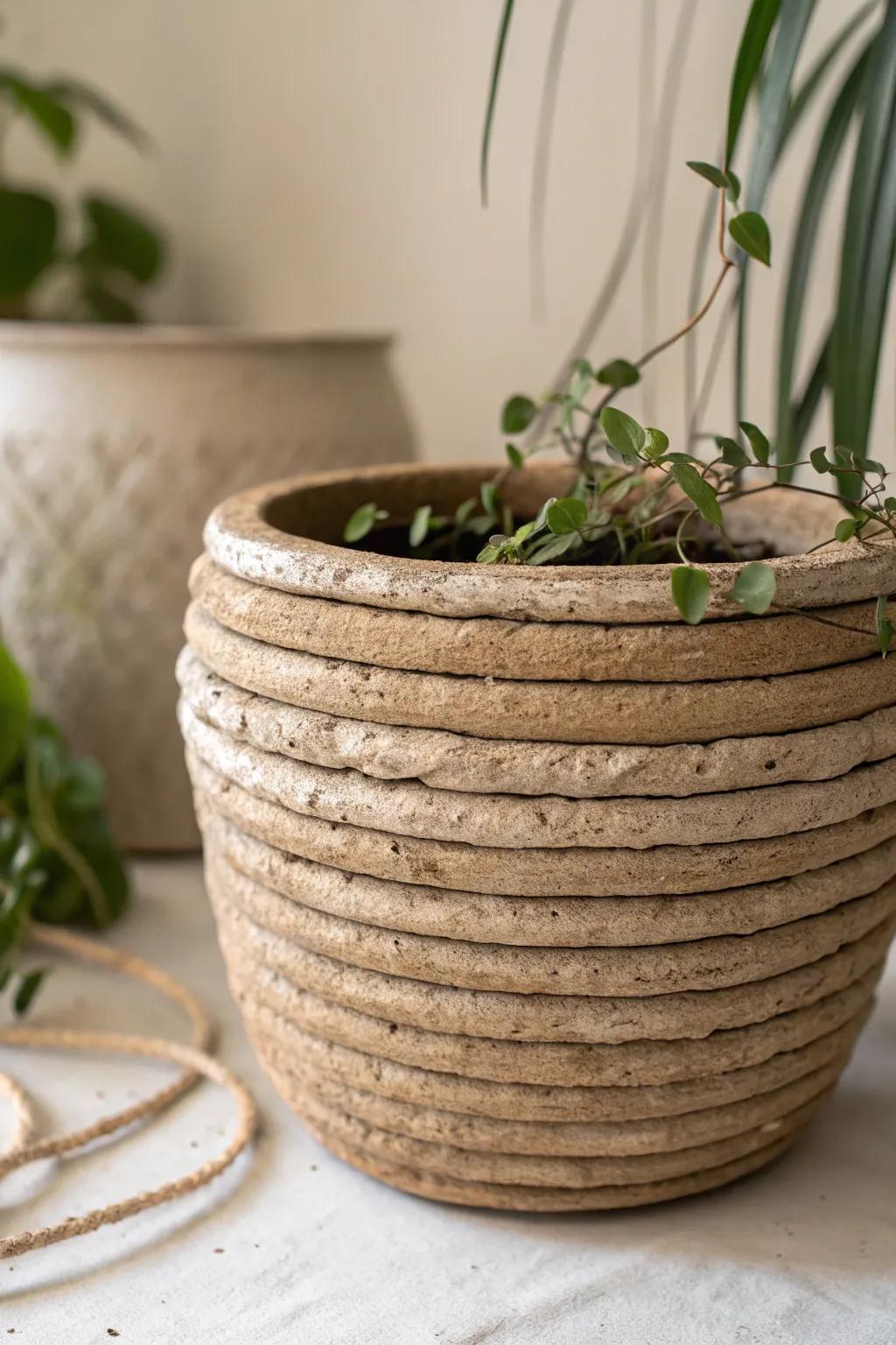 Embrace the beauty of imperfection with a handcrafted coiled clay planter, a perfect blend of rustic charm and minimalist elegance.