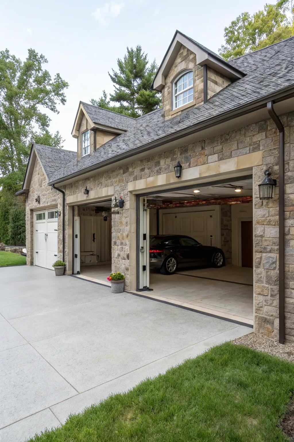 A multi-car garage combines functionality with stone elegance.