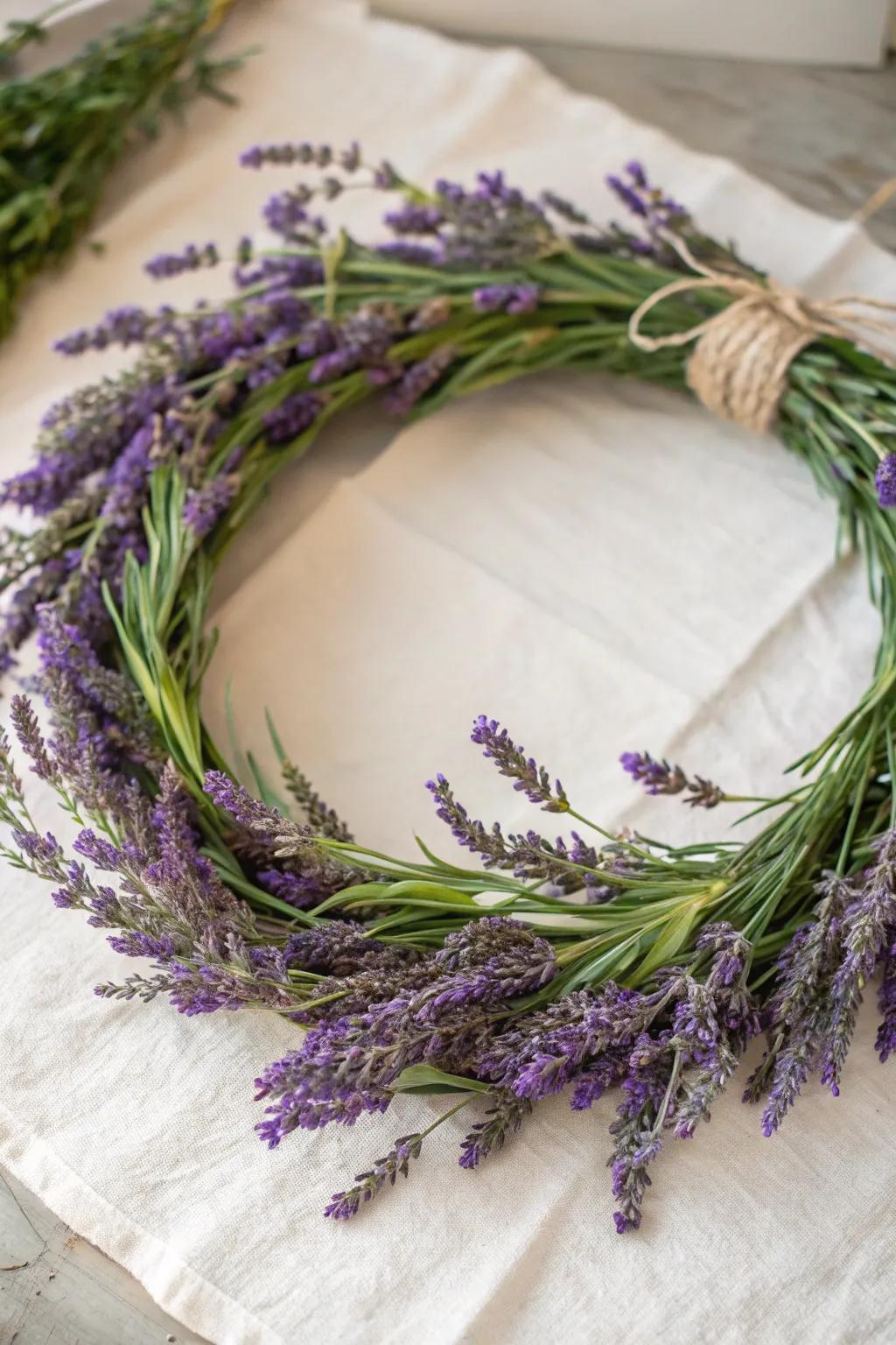 Breathe in the serene beauty of a lavender wreath, welcoming tranquility to your home.