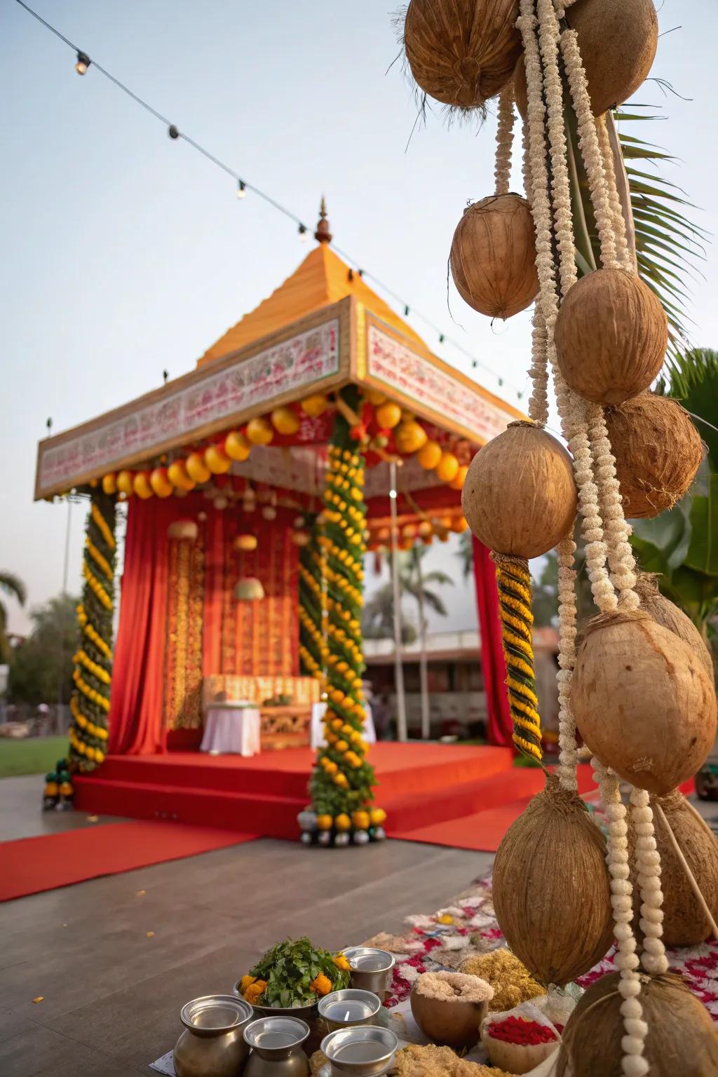A coconut-themed Ganpati mandap with an enchanting canopy.