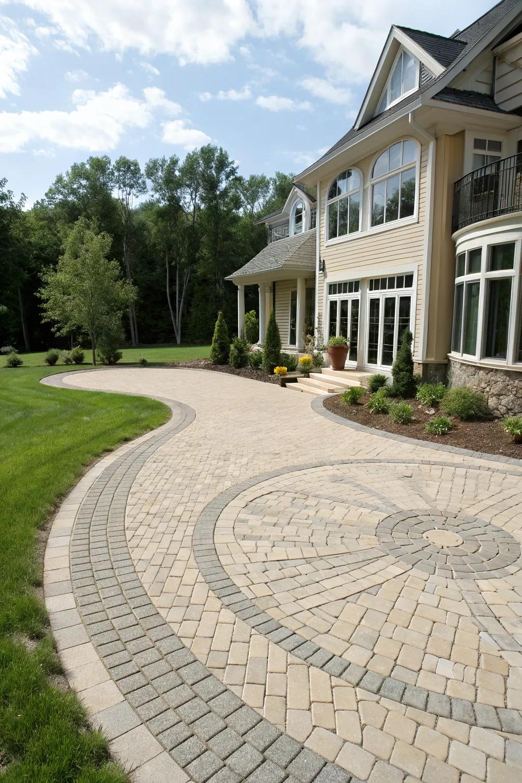 A circular driveway with artistic paver designs.
