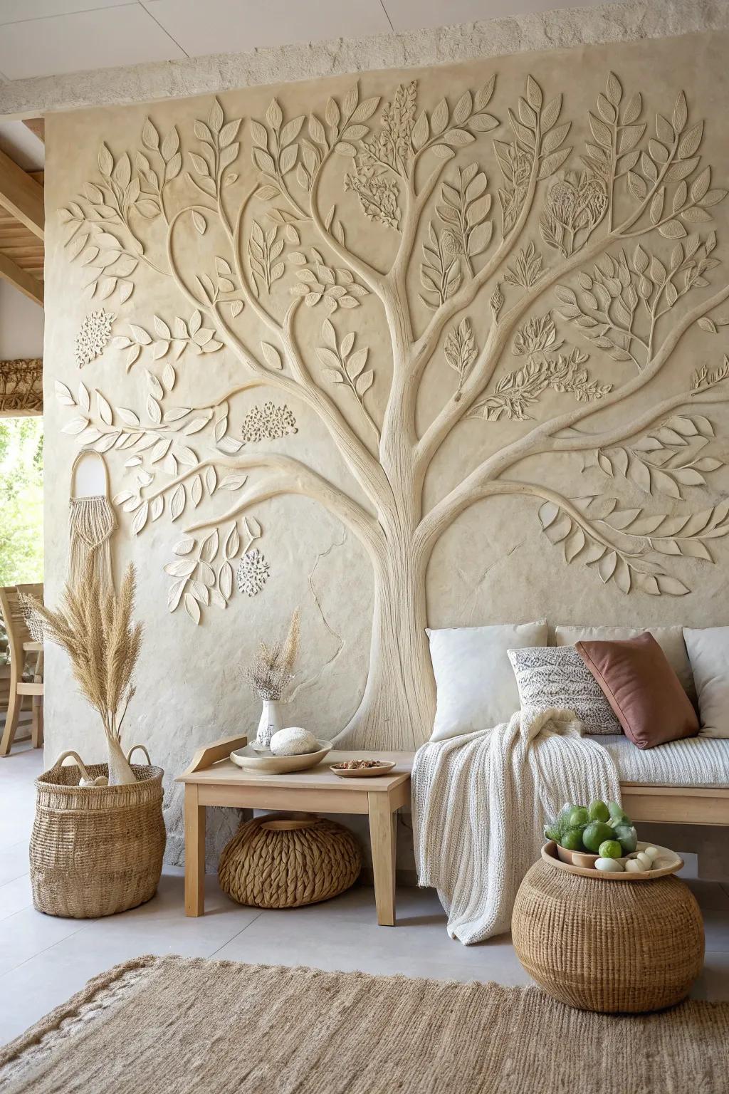 Embrace the beauty of nature with a stunning clay tree mural that transforms your living space into a serene retreat.