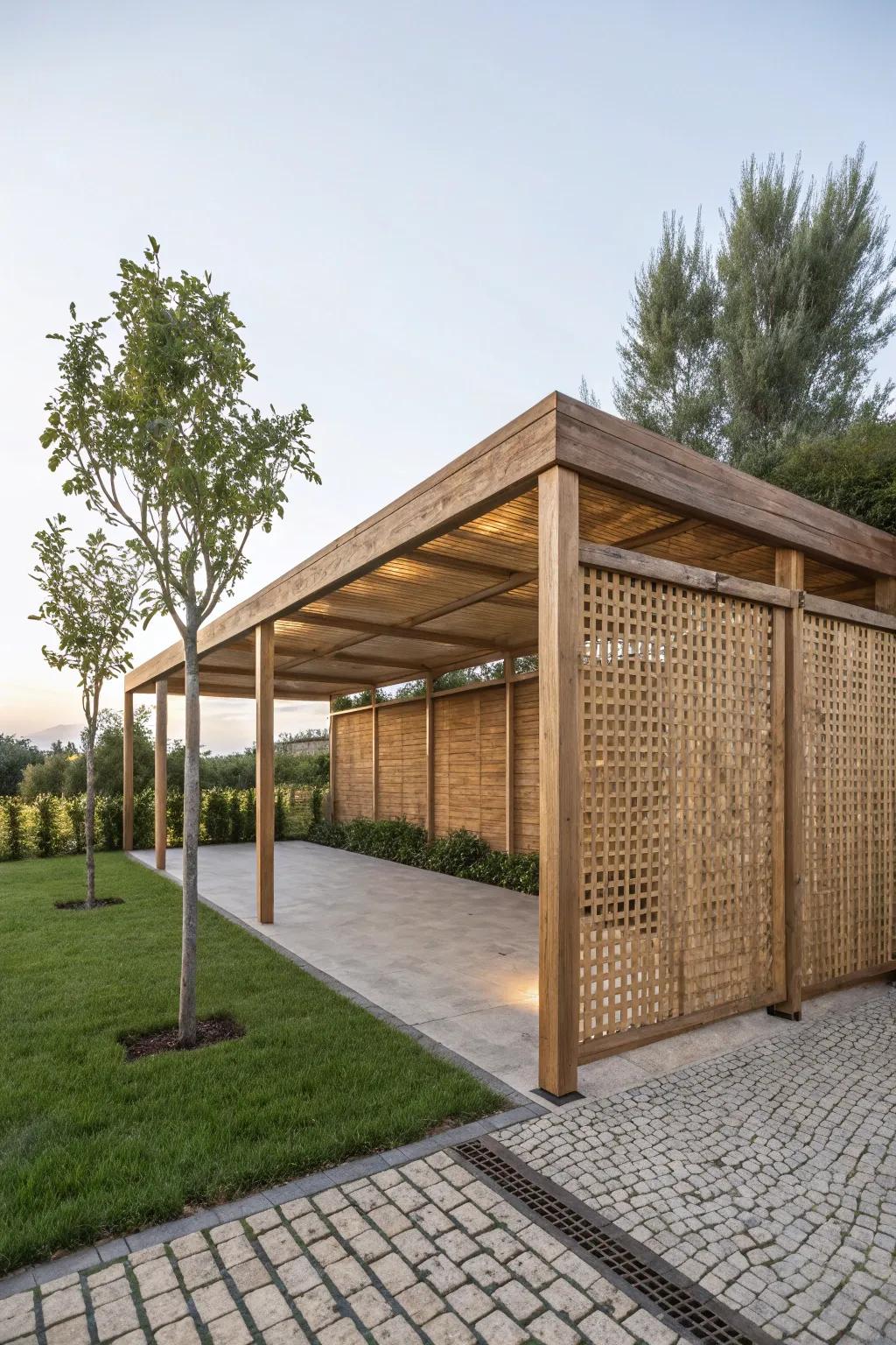 Textured elegance with woven wood panels in carport design.