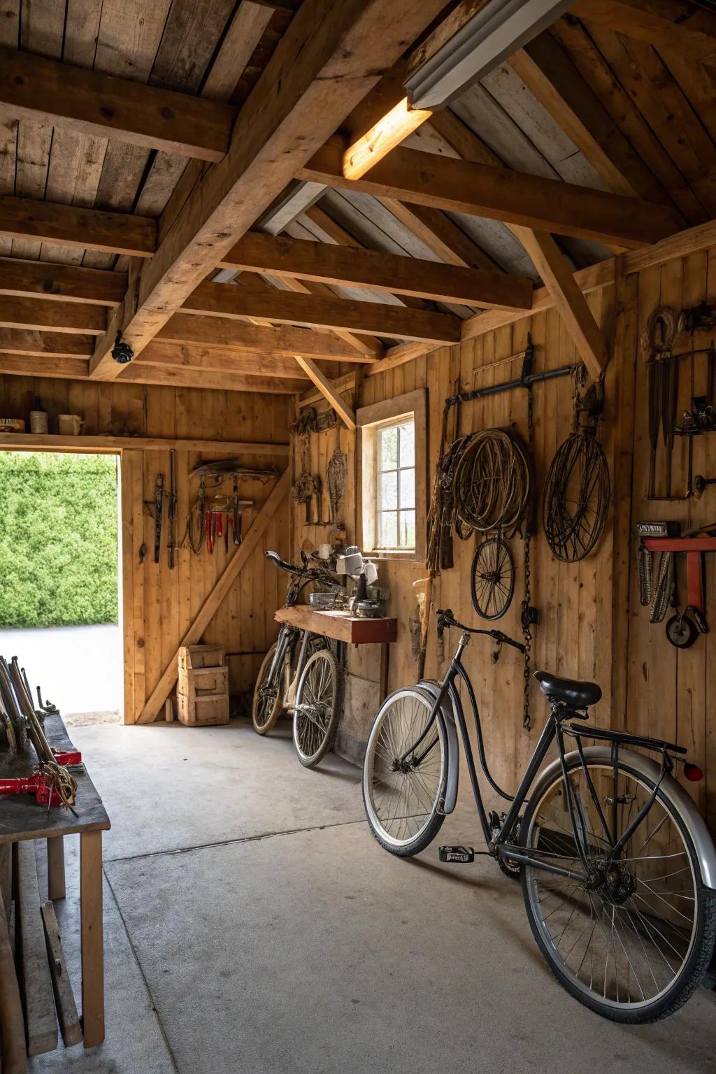 A garage featuring exposed wooden beams for a classic rustic feel.